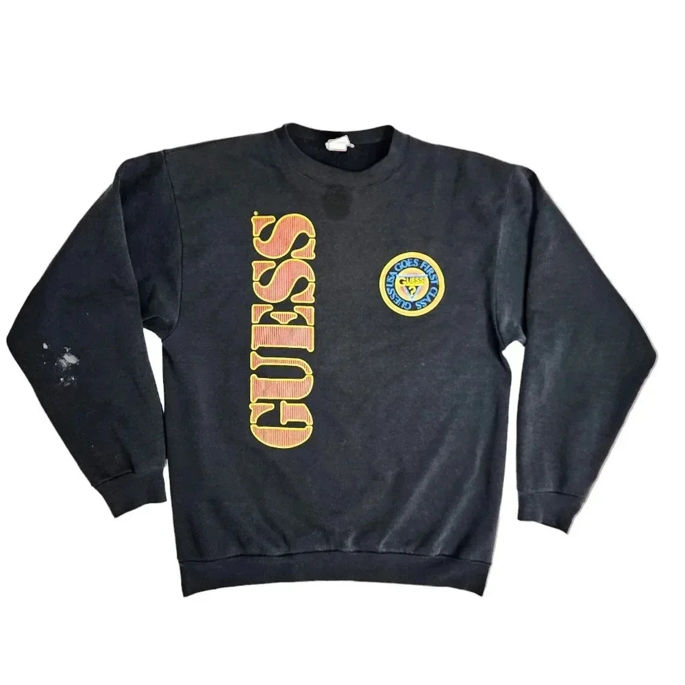 Vintage Guess‎ First Class Sweatshirt Spellout Size Medium Distressed USA